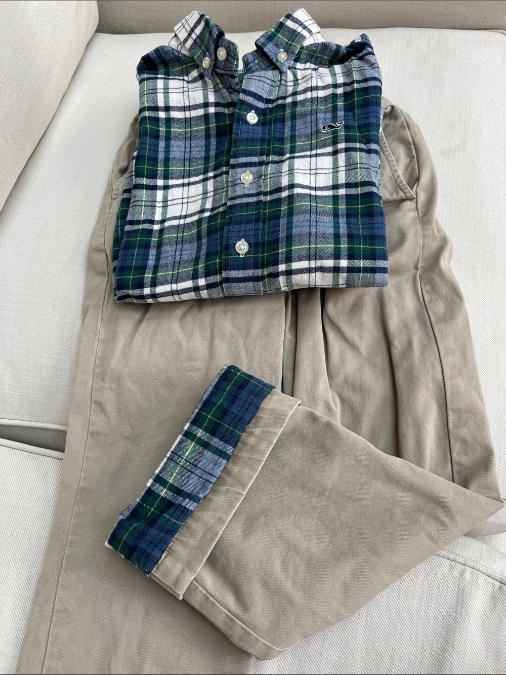 Vineyard Vines Boys Beige Chinos with Green & Blue Plaid Shirt